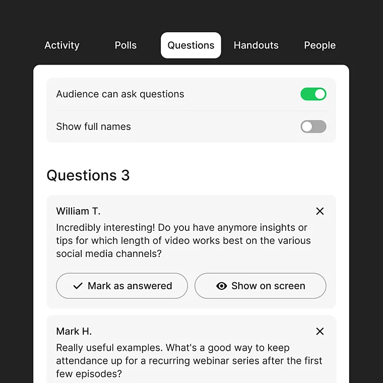 Questions tab collecting audience questions in a webinar